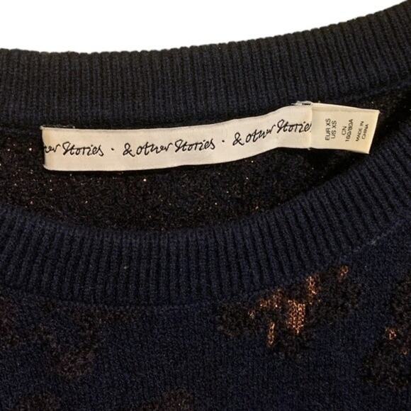 & Other Stories Wool Metallic Print Crewneck Sweater Navy Size XS - Picture 5 of 5